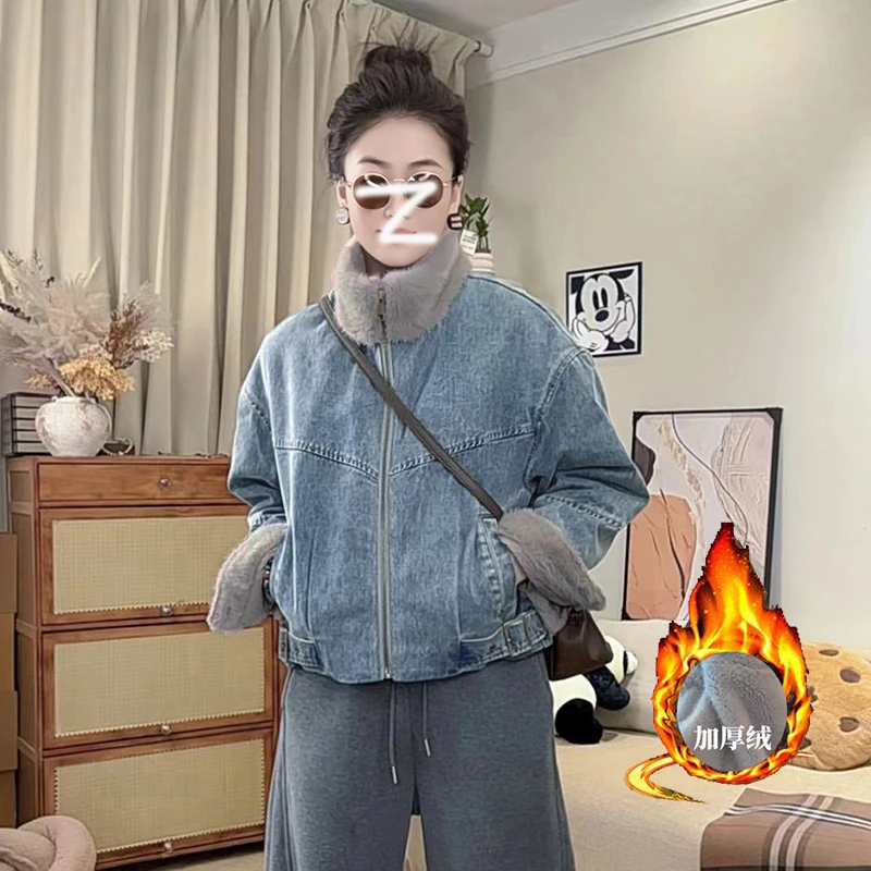 羊羔绒外套女秋冬季小个子复古立领短款加绒加厚毛领牛仔夹克上衣