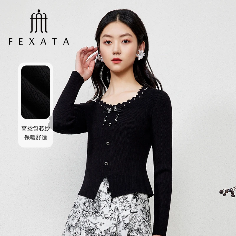 【诗语专属】FEXATA斐格思钉珠花边领国风盘扣时髦黑色针织衫