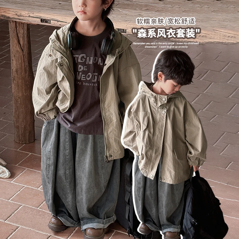 《春上新》韩版男童女童风衣外套24QL992新款儿童连帽大衣潮童装