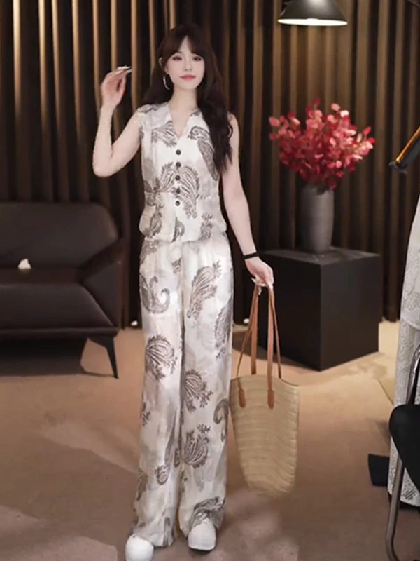韩版气质百搭印花无袖上衣阔腿长裤2025夏季新款通勤小众套装女装