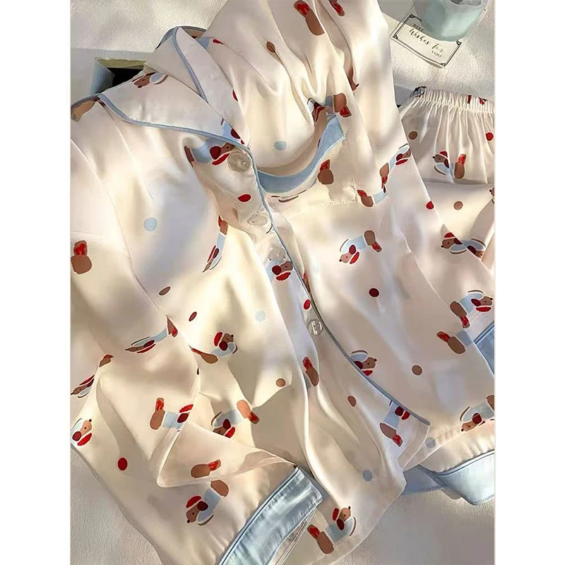 带胸垫冰丝睡衣女款春秋季长袖卡通学生夏天薄款家居服