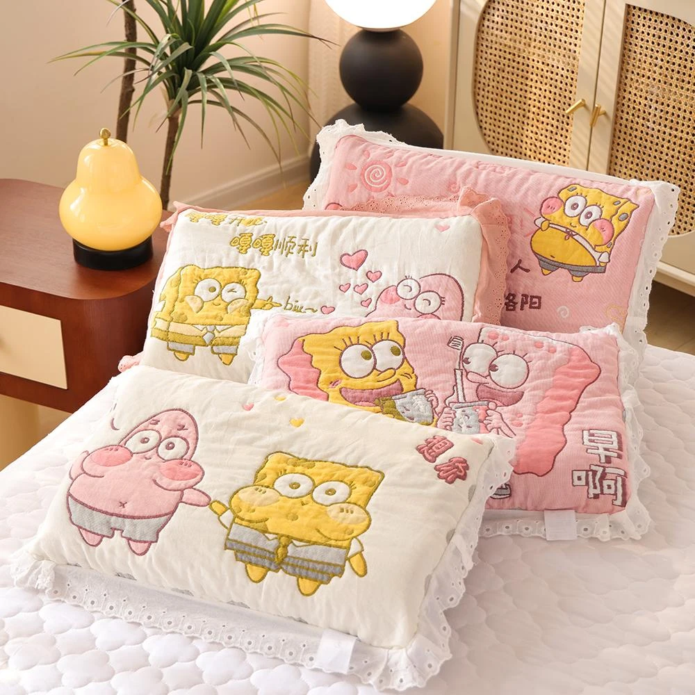 海绵宝宝儿童纯棉纱布枕套新款亲肤透气不脱落花边全棉枕芯内胆套