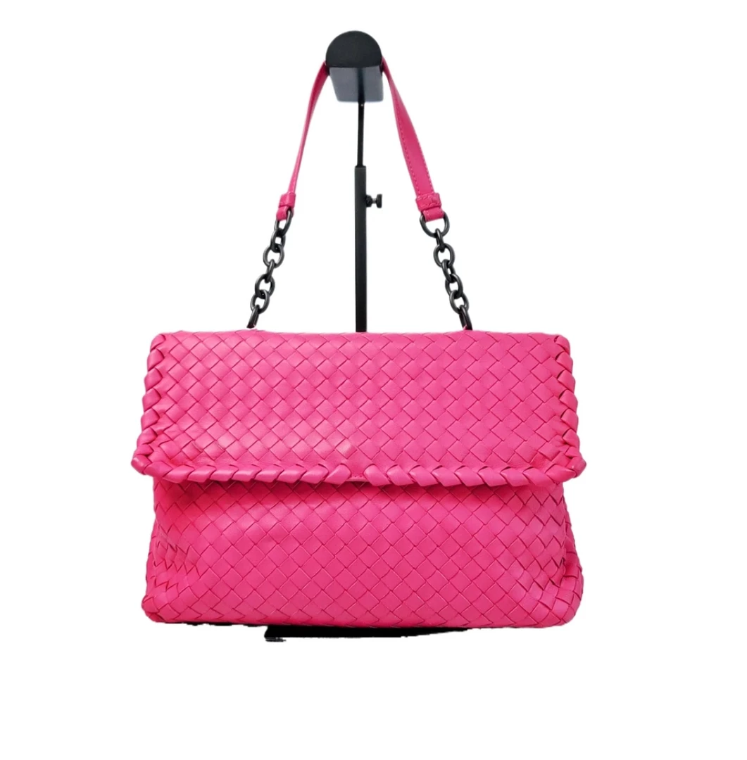 90新 BOTTEGA VENETA/葆蝶家 BV 粉色编织翻盖大号单肩包 X25133