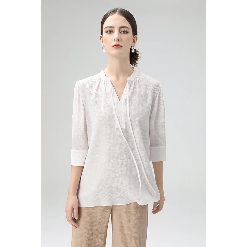 定织细条泡泡纱真丝桑蚕丝衬衫女2026春季休闲上衣 L240915095