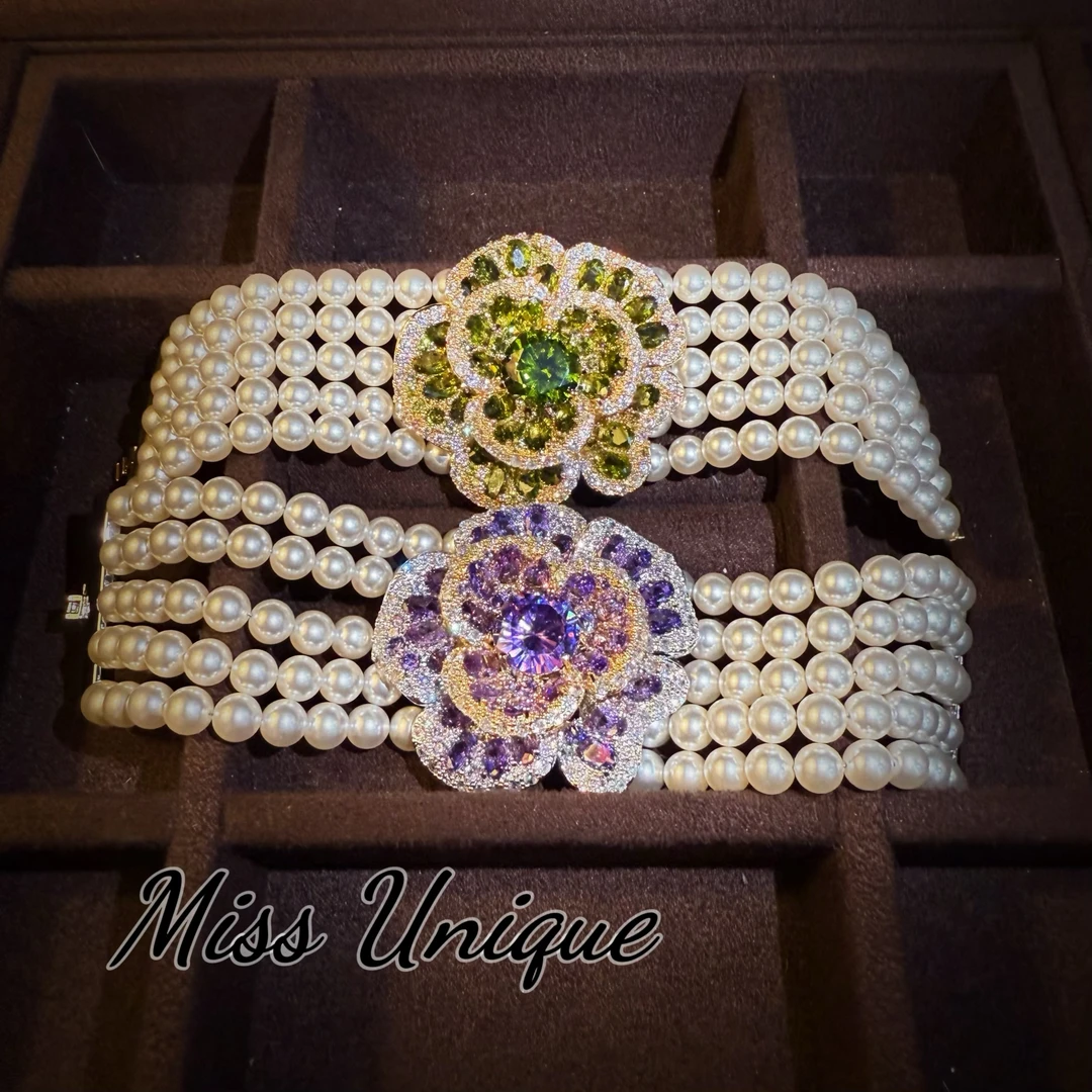 S2224橄榄绿紫色花朵五层珠珠项链