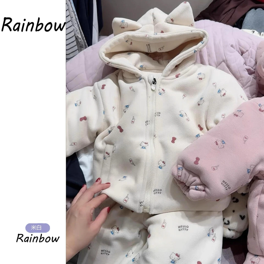 女童睡衣2025冬季新款儿童可爱卡通猫连帽耳朵上衣保暖裤子套装