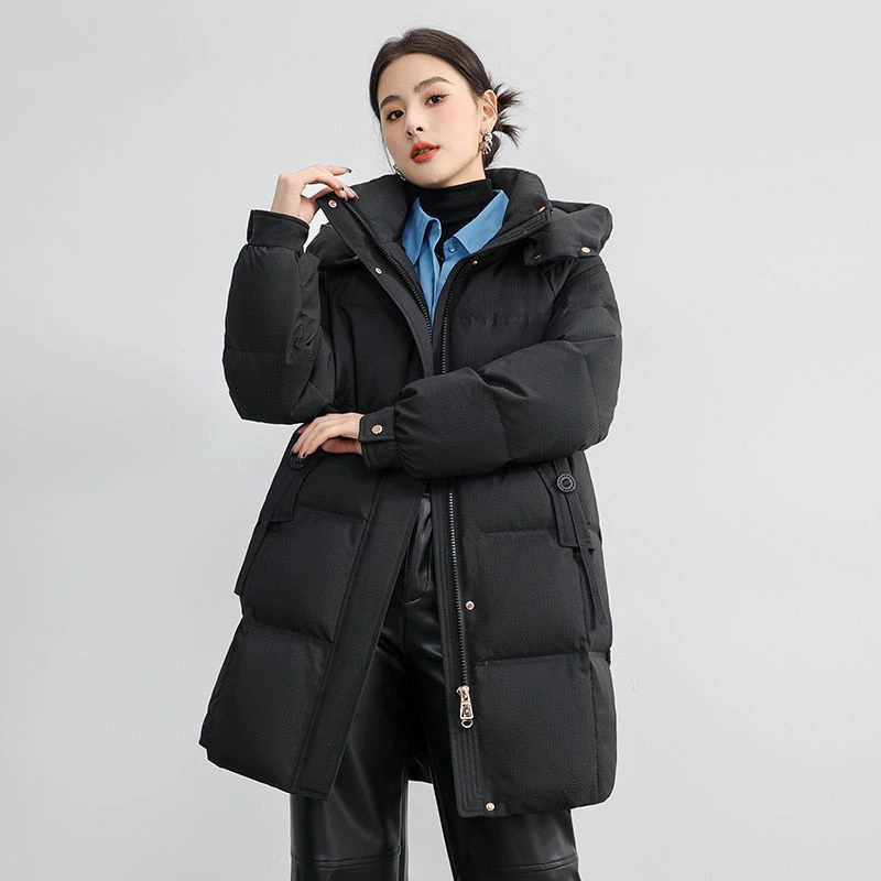 加厚保暖中长款羽绒棉服女2024年冬季新款韩版可拆卸帽宽松外套潮