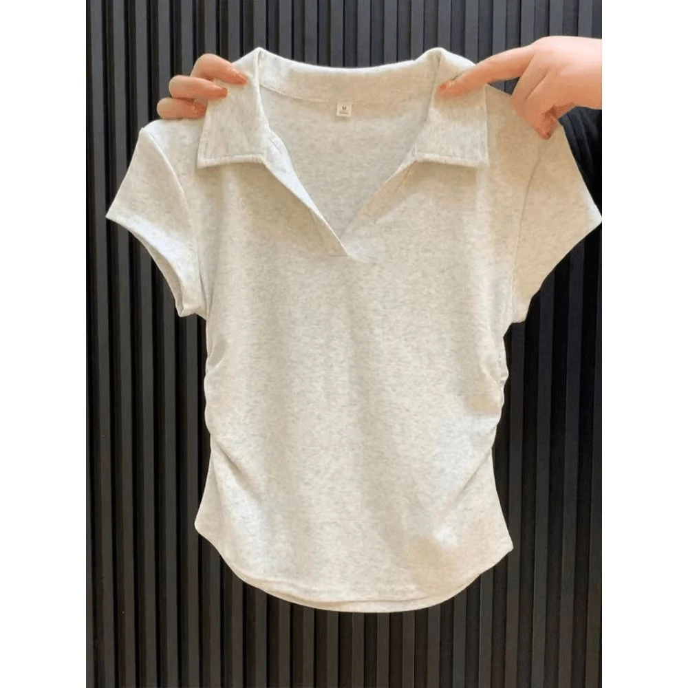 简约修身气质polo领收腰短袖t恤女时尚显瘦褶皱设计感打底衫上衣