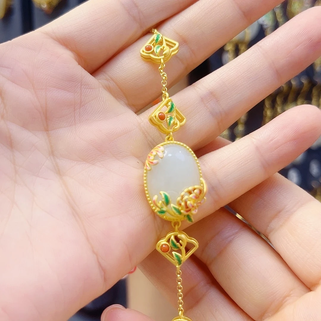 和田玉银S925镀金镶嵌手链