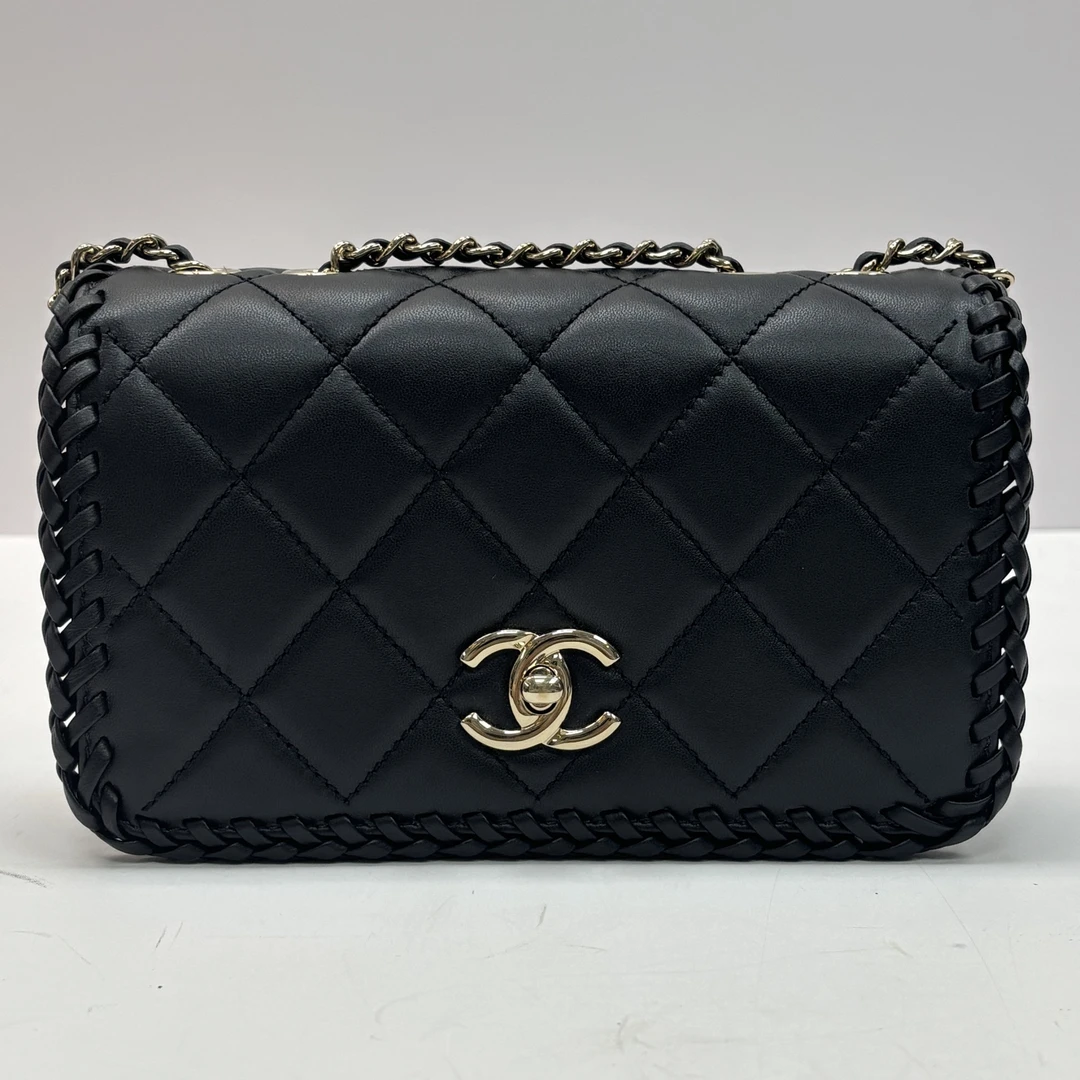 95新 Chanel/香奈儿 黑金23A菱格纹编织边单肩斜挎链条包 21590