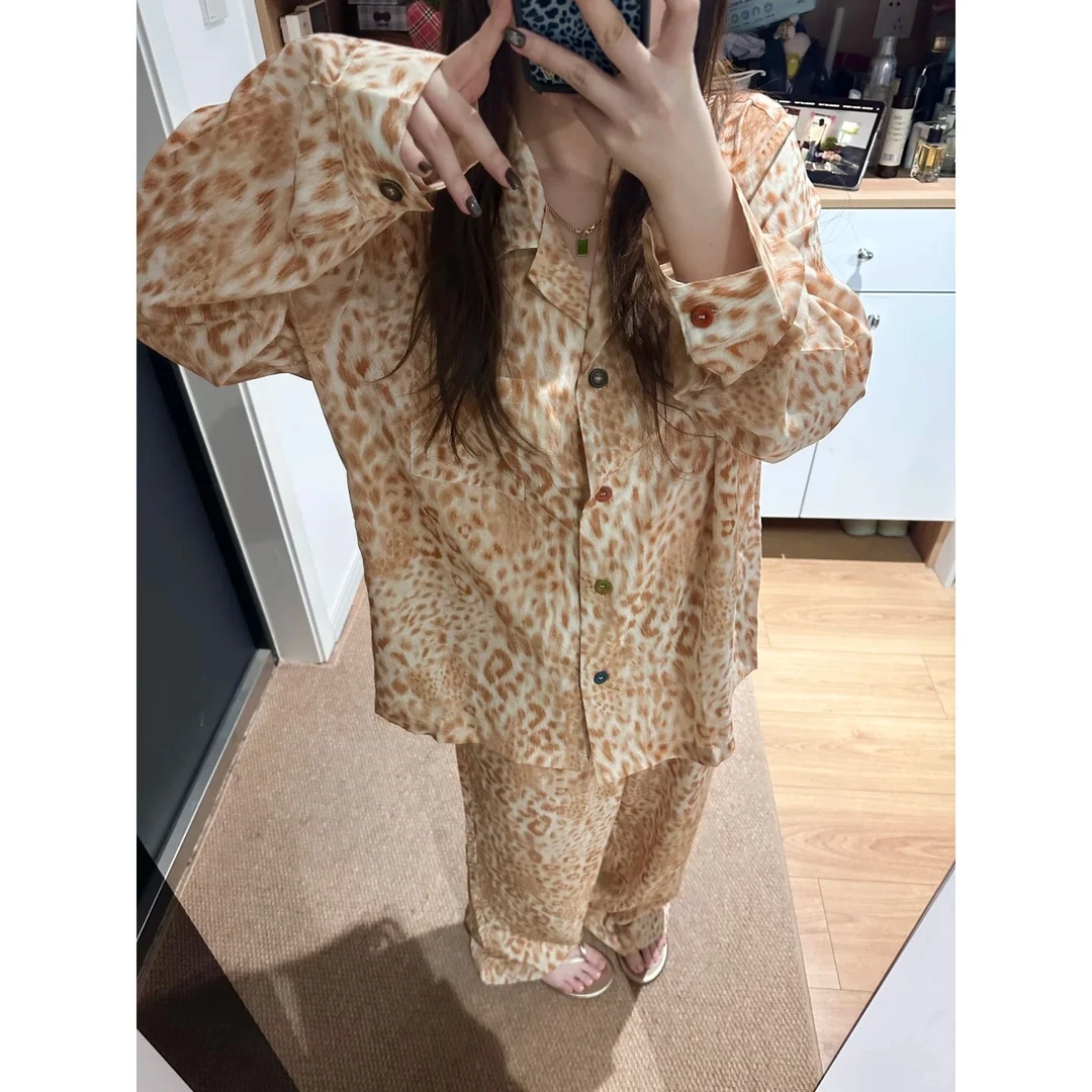 韩系豹纹印花冰丝睡衣女春秋新款可外穿慵懒风长袖长裤家居服套装
