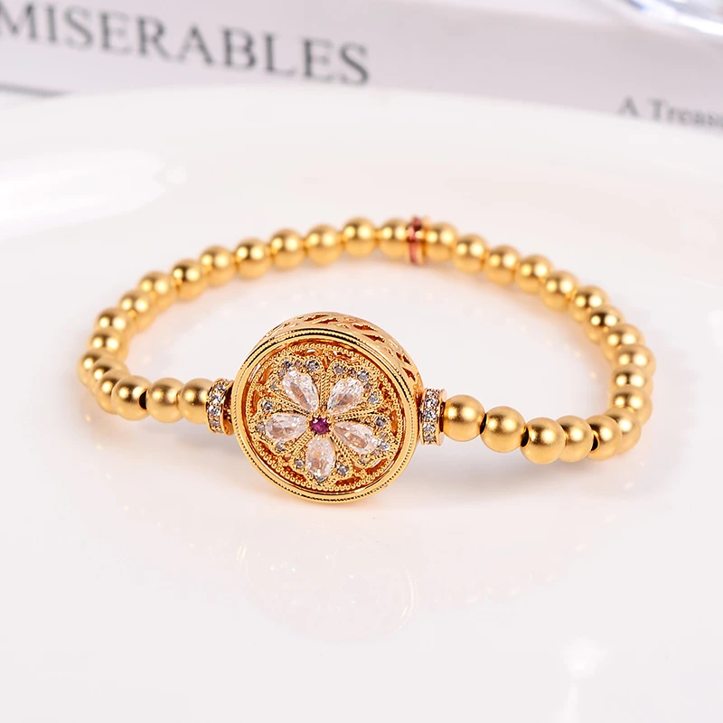 铜合金手链 新中式重工轻奢花朵罗盘手链女可转动气质手串配饰