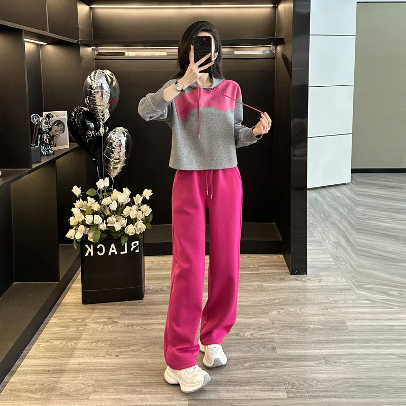 美式复古街头时尚春季休闲套头连帽卫衣火龙果色休闲裤子两件套装