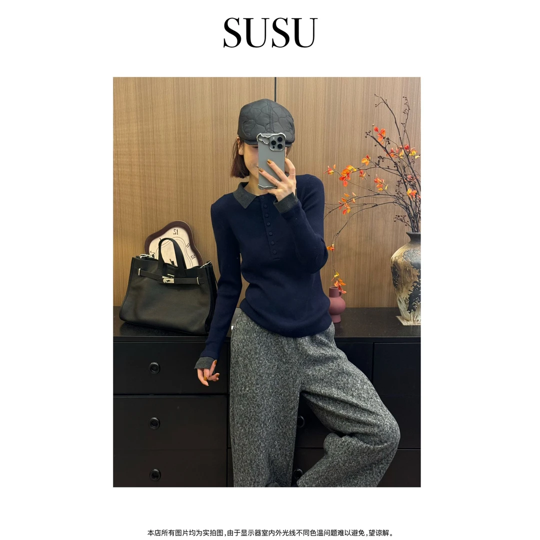 SuSu-2025新款【复古贩卖机】极简老钱风翻领单排扣针织套头毛衣