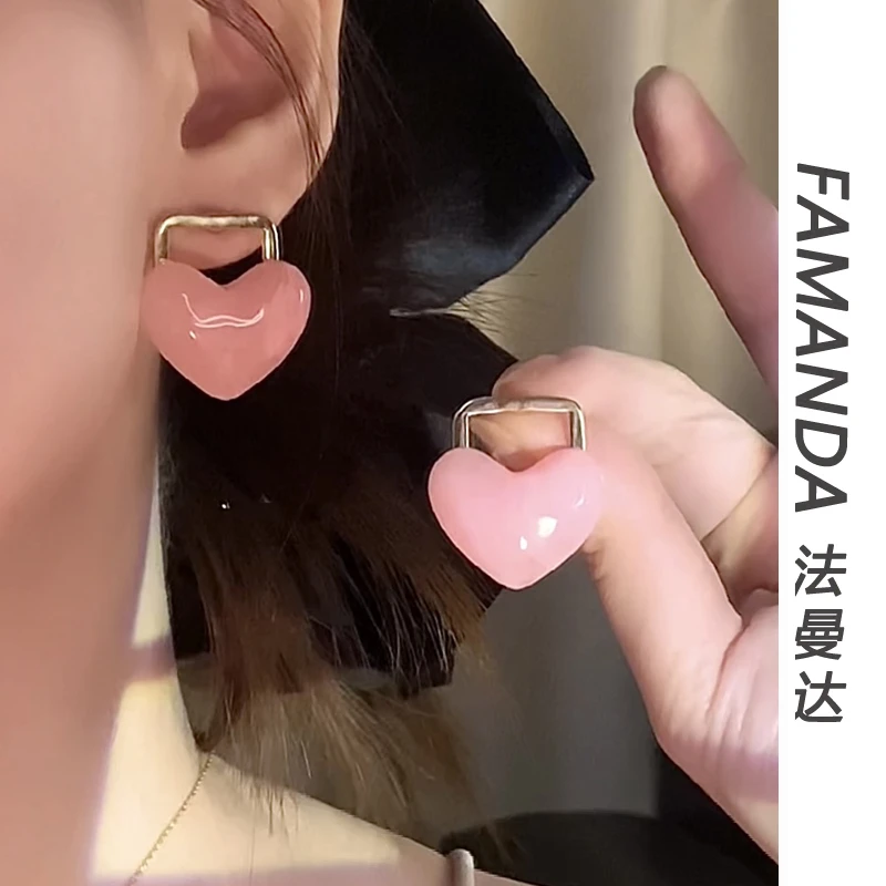 铜合金树脂耳饰 【粉色忆梦】桃心爱心百搭韩系耳环