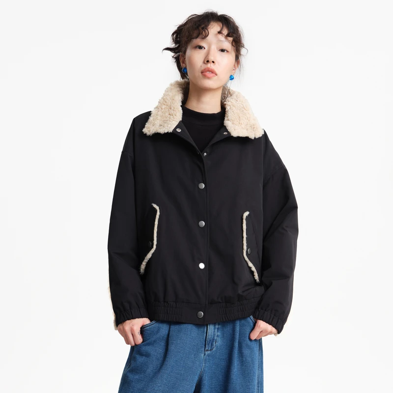 【新】MOVEUP幻走2025冬季.FUN 立领毛绒撞布短款棉外套女3EWD20944