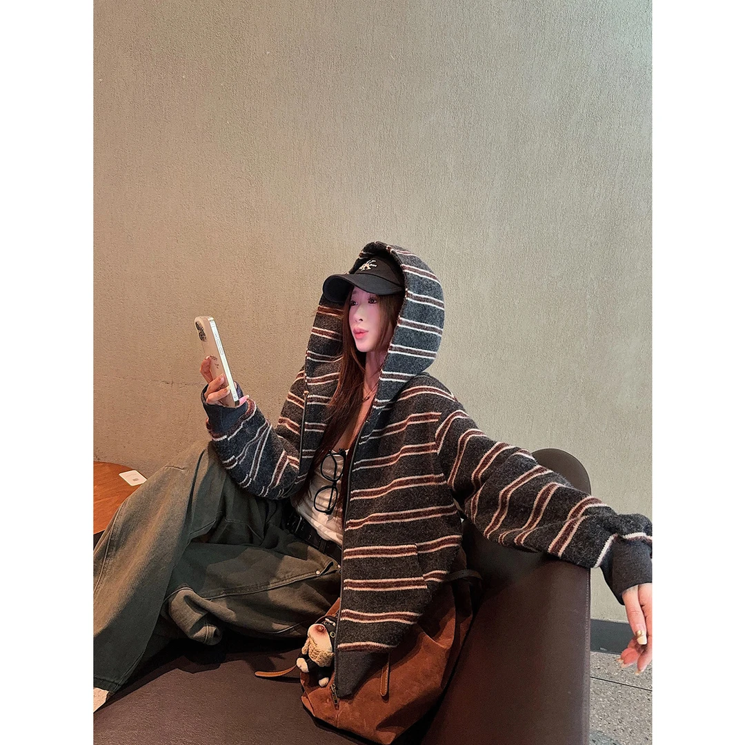 韩系条纹连帽长袖卫衣外套女2025秋季新款宽松慵懒风设计感开衫潮
