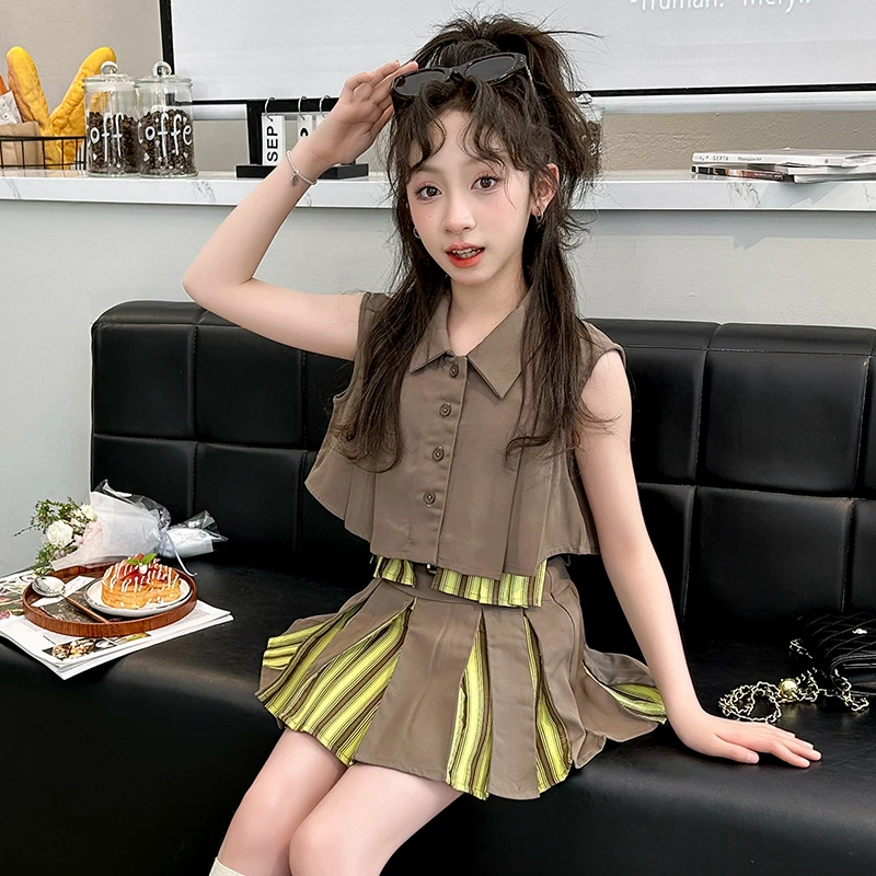 女童夏装时髦裙2025新款8-15岁中大童洋气时尚西装领马甲百褶裙潮