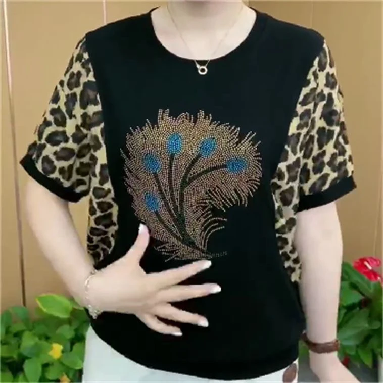 中年妈妈夏季新款烫钻显瘦短袖大码女装遮肚子上衣T恤衫