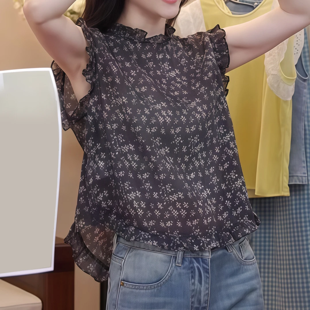 2025夏季新款圆领木耳边小碎花无袖衬衫女设计感通勤百搭上衣潮流