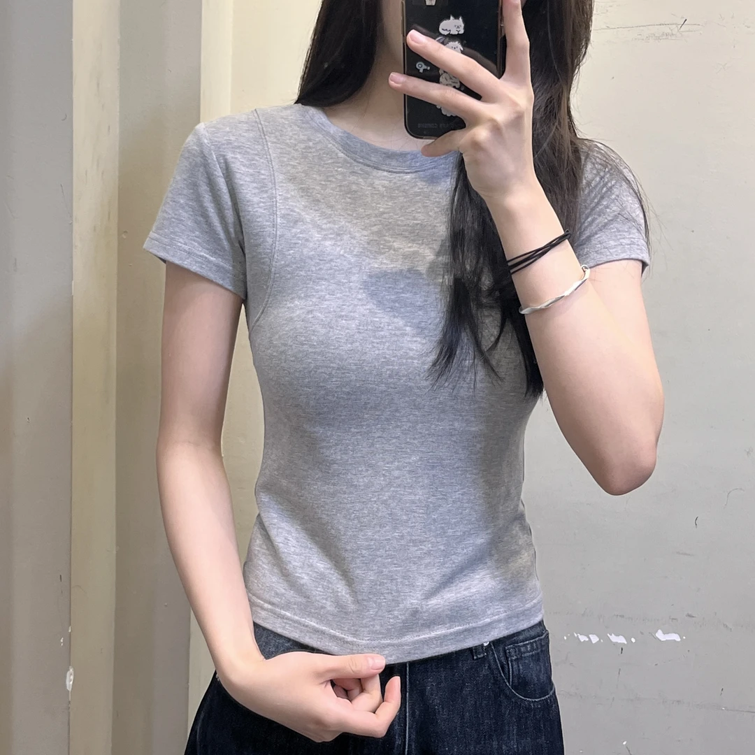 范范与凡凡【压线正肩】美式纯色小众短袖夏季圆领设计修身显瘦上衣