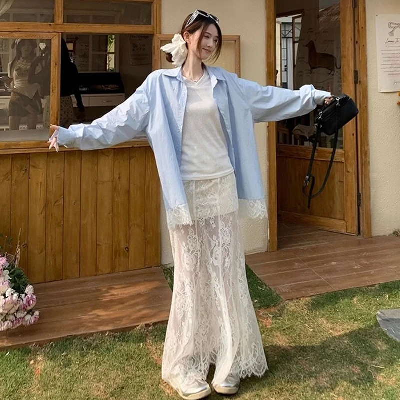 1733【冰岛慕斯】宽松百搭蕾丝衬衫韩版显瘦长款蕾丝半身裙两件套
