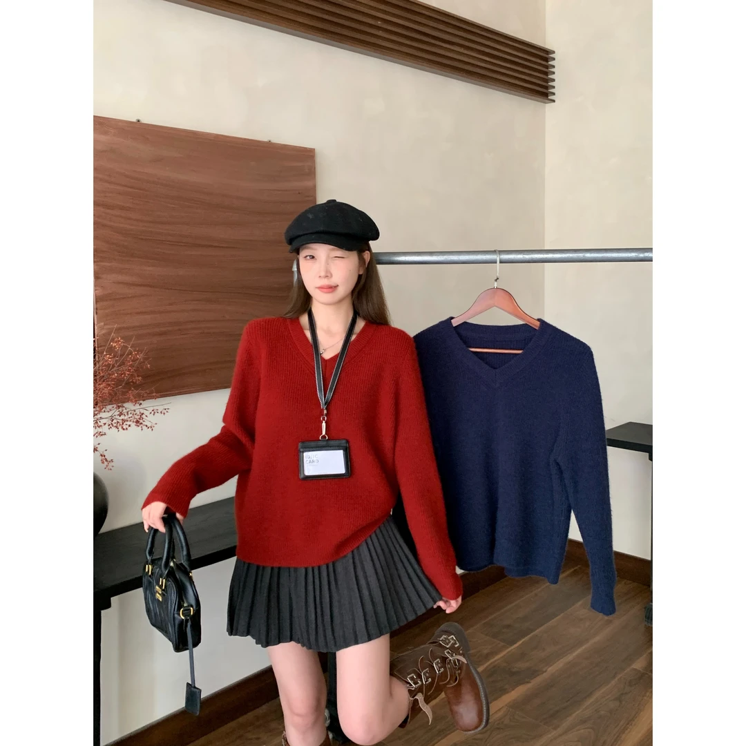 清大码秋冬韩版宽松V领打底毛衣2025新款软糯甜美套头针织衫68729