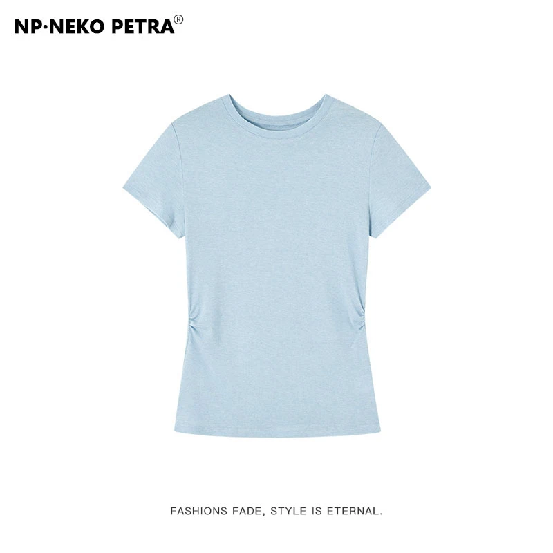 Neko Petra 羊毛抽褶收腰圆领短袖夏季时尚百搭通勤修身纯色上衣