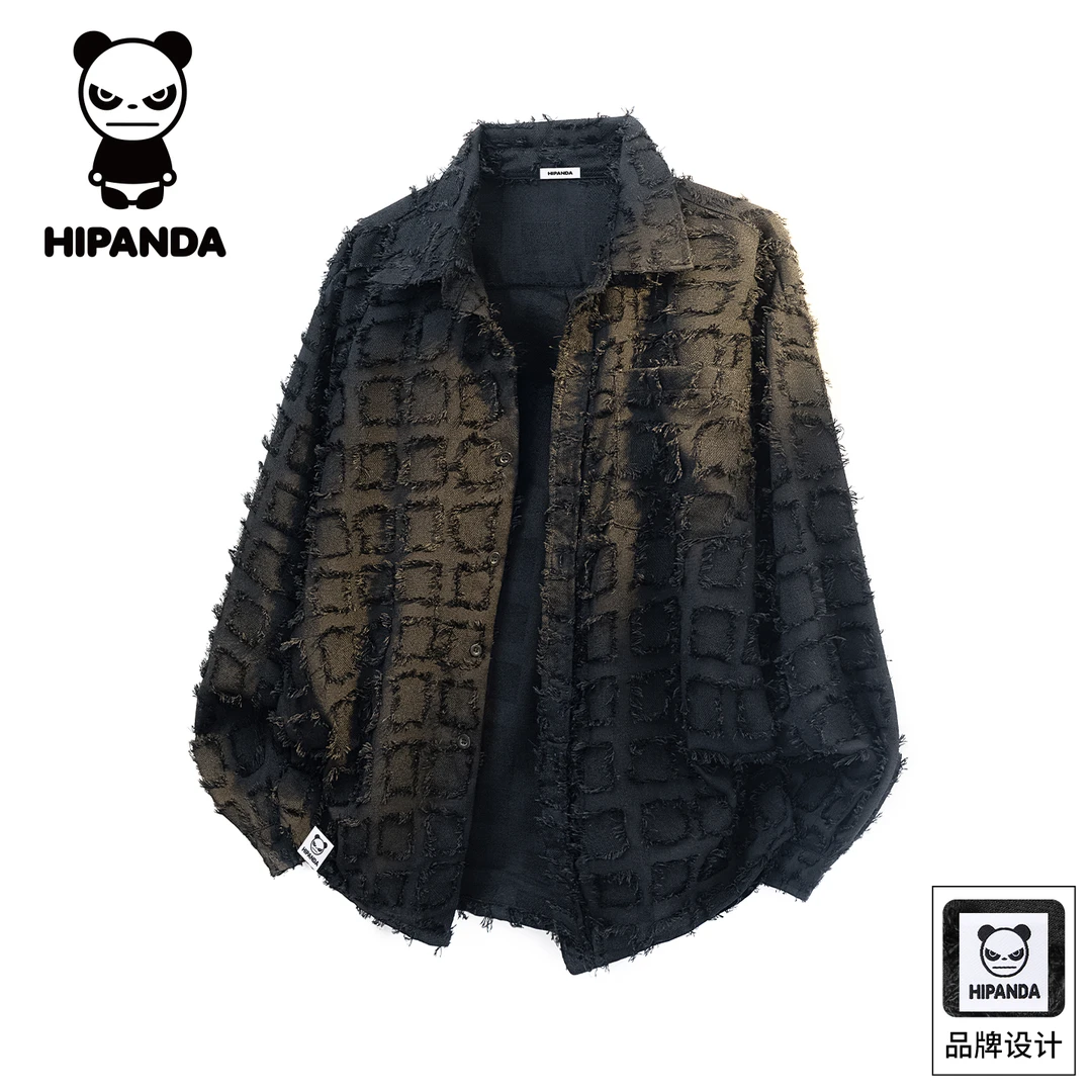 Hi Panda你好熊猫秋冬美式格子长袖衬衫男士宽松百搭潮牌衬衣外套