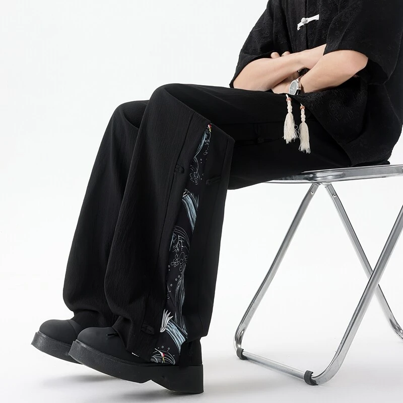 夏季中国风拼色休闲裤子大码宽松复古民族风阔腿裤男棉麻裙裤长裤