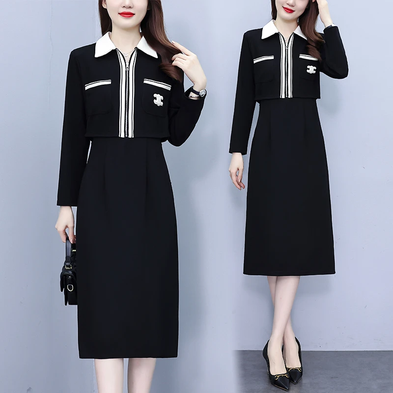 现货2025年新款时尚法式拼接胖mm收腰显瘦长袖连衣裙女