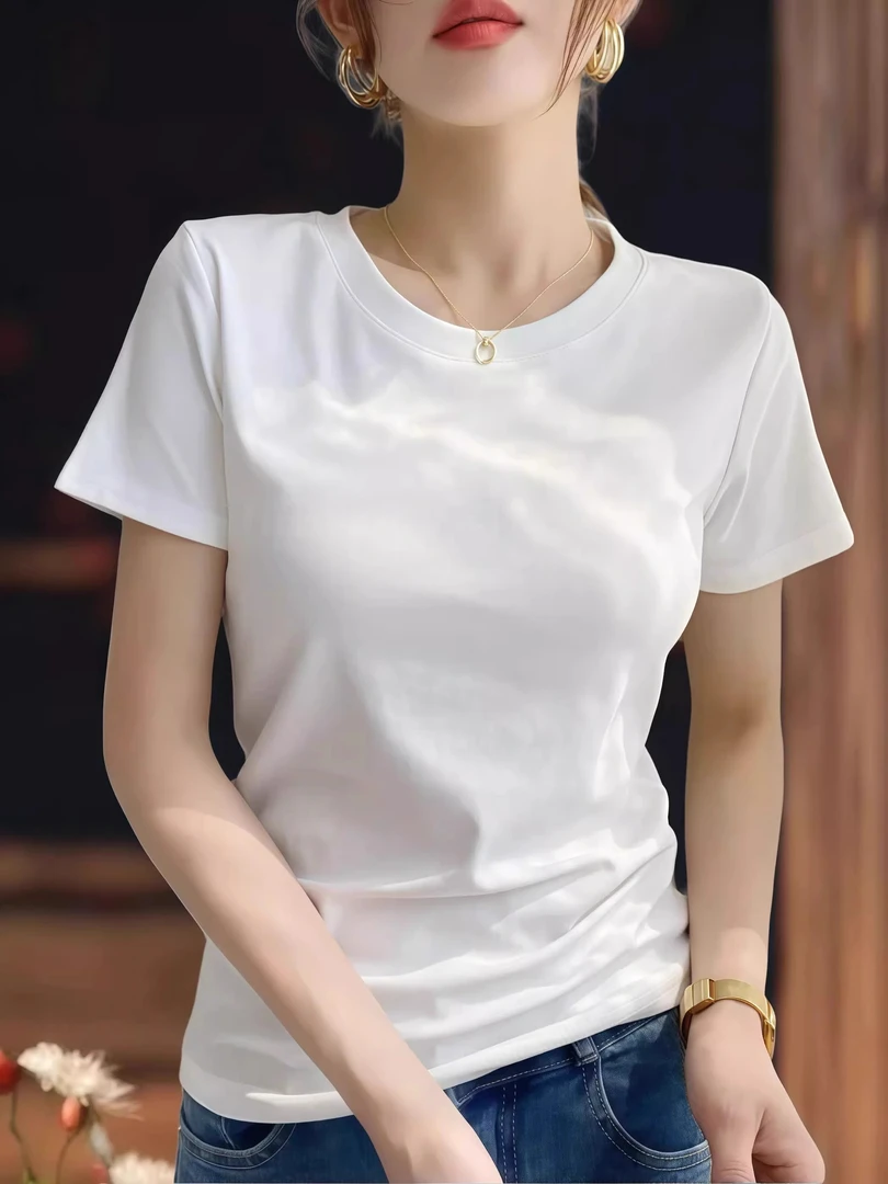 白色圆领短袖T恤女2025新款夏季基础款纯色百搭修身显瘦正肩上衣
