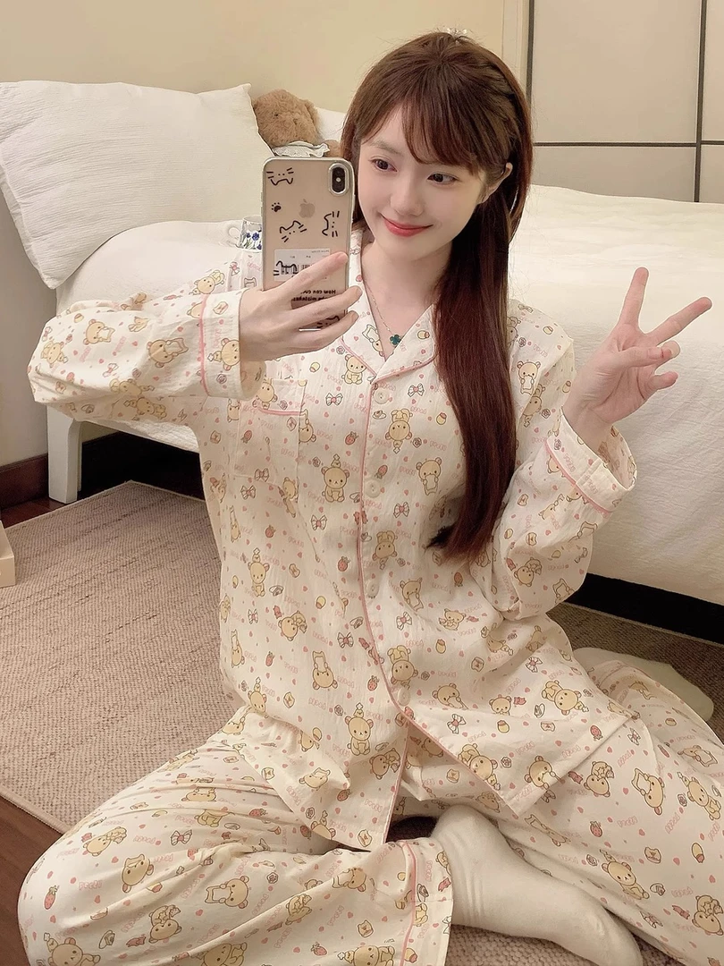 可爱轻松熊睡衣女带胸垫春秋季新款长袖长裤可外穿家居服套装