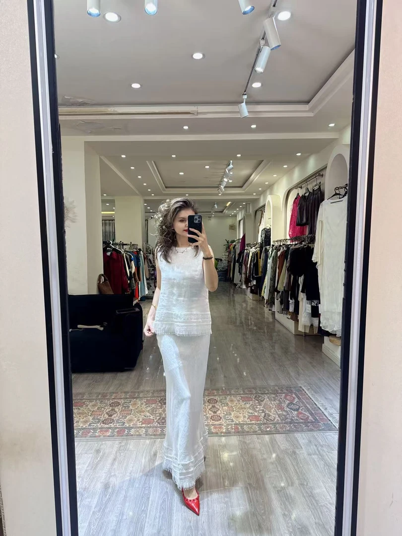 2025年自家原创设计无袖上衣流苏半身裙两件套女款套装