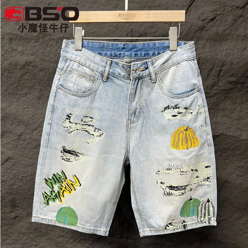 小魔怪2025夏季新款浅色印花牛仔短裤男款宽松直筒百搭五分裤中裤