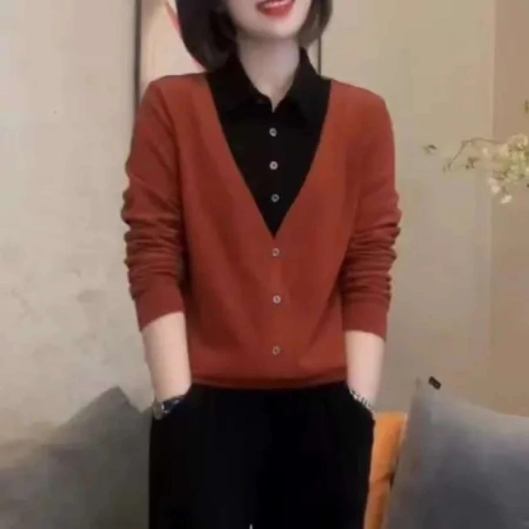 万达撤柜专柜秋冬新款上衣假两件衬衫领卫衣女纯色休闲宽松显瘦气