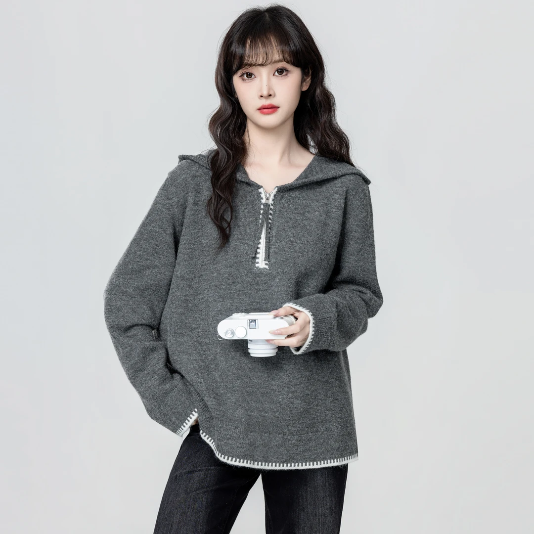 花灰色连帽毛衣女秋冬2025秋季新款宽松慵懒半拉链针织衫外穿上衣