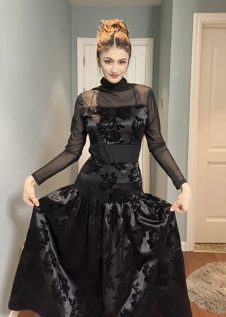 2025新款黑纱拼接设计感两件套