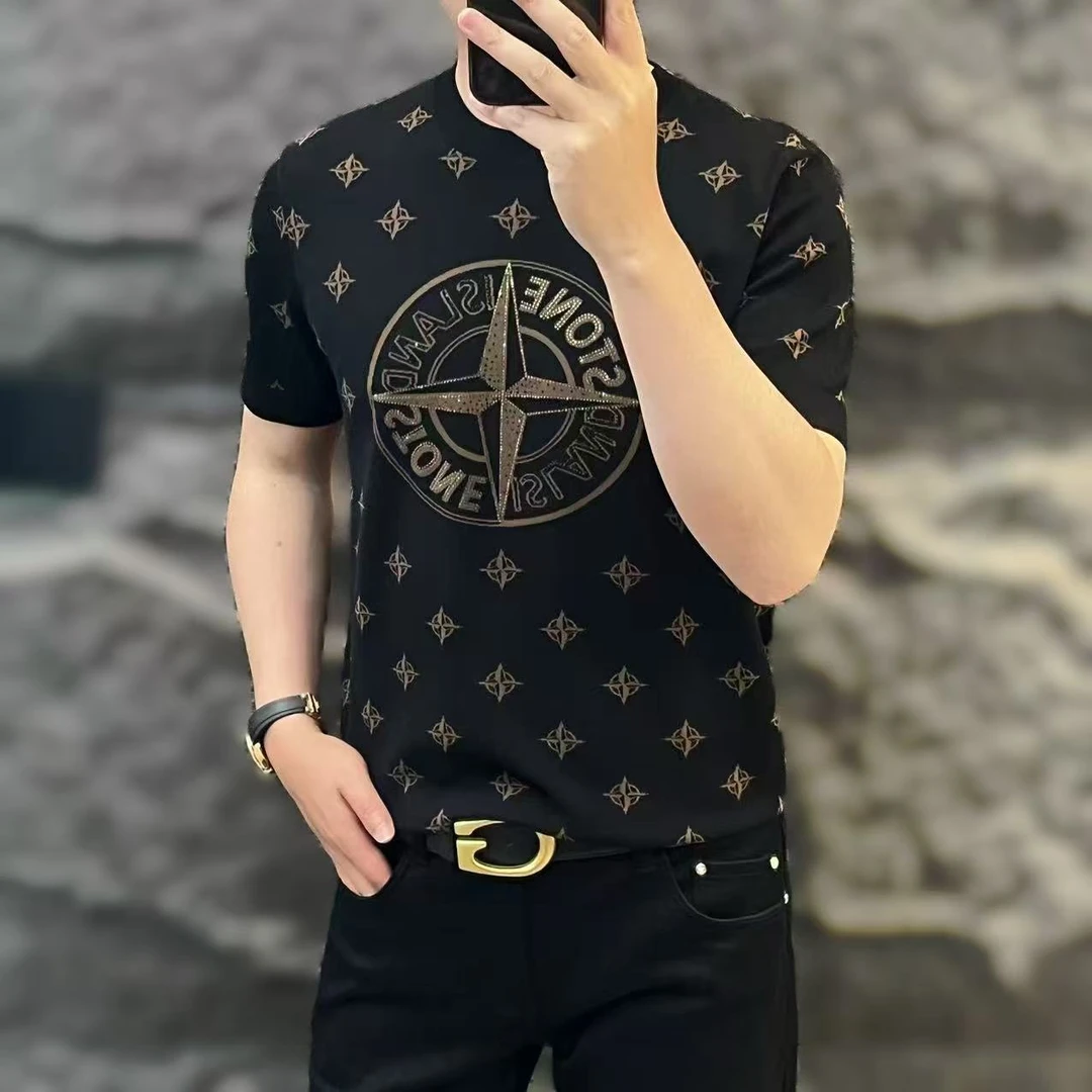 新款高端男士潮流百搭个性图案休闲圆领针织T恤25139