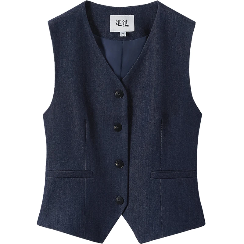 她池2025春装新款女时尚通勤短款马夹单排扣V领西装马甲T51B0299J