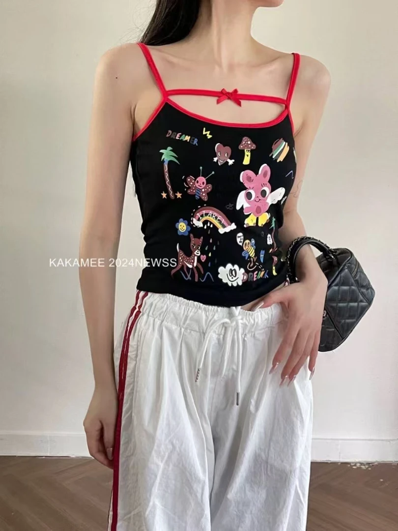 美式甜辣卡通印花美背吊带背心外穿女夏季纯欲小众修身短款上衣