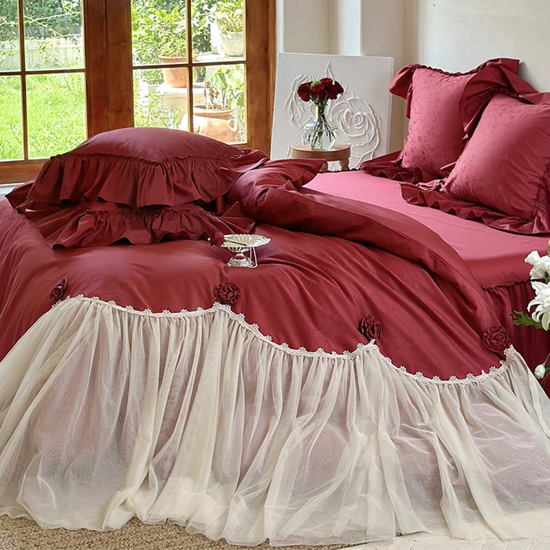 水星高端系列家纺婚嫁结婚长绒棉四件套全棉纯棉床上用品床单红色