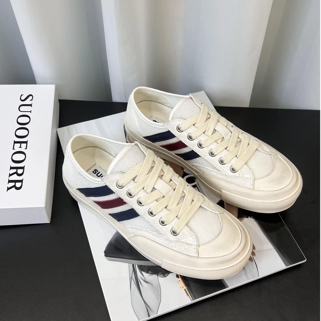 欧货真皮女鞋2025夏季新品厚底系带网面做旧暴走不累脚休闲鞋板鞋