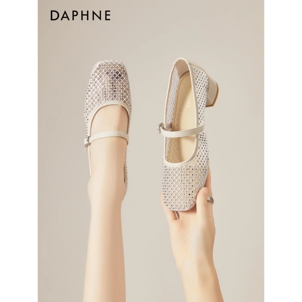 达芙妮网纱玛丽珍鞋女2025新款夏季粗跟法式气质单鞋浅口芭蕾舞鞋