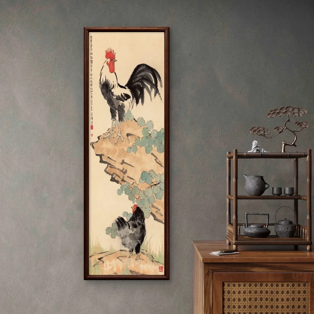062-40*120公鸡图装饰画实木框玄关书房茶室客厅挂画