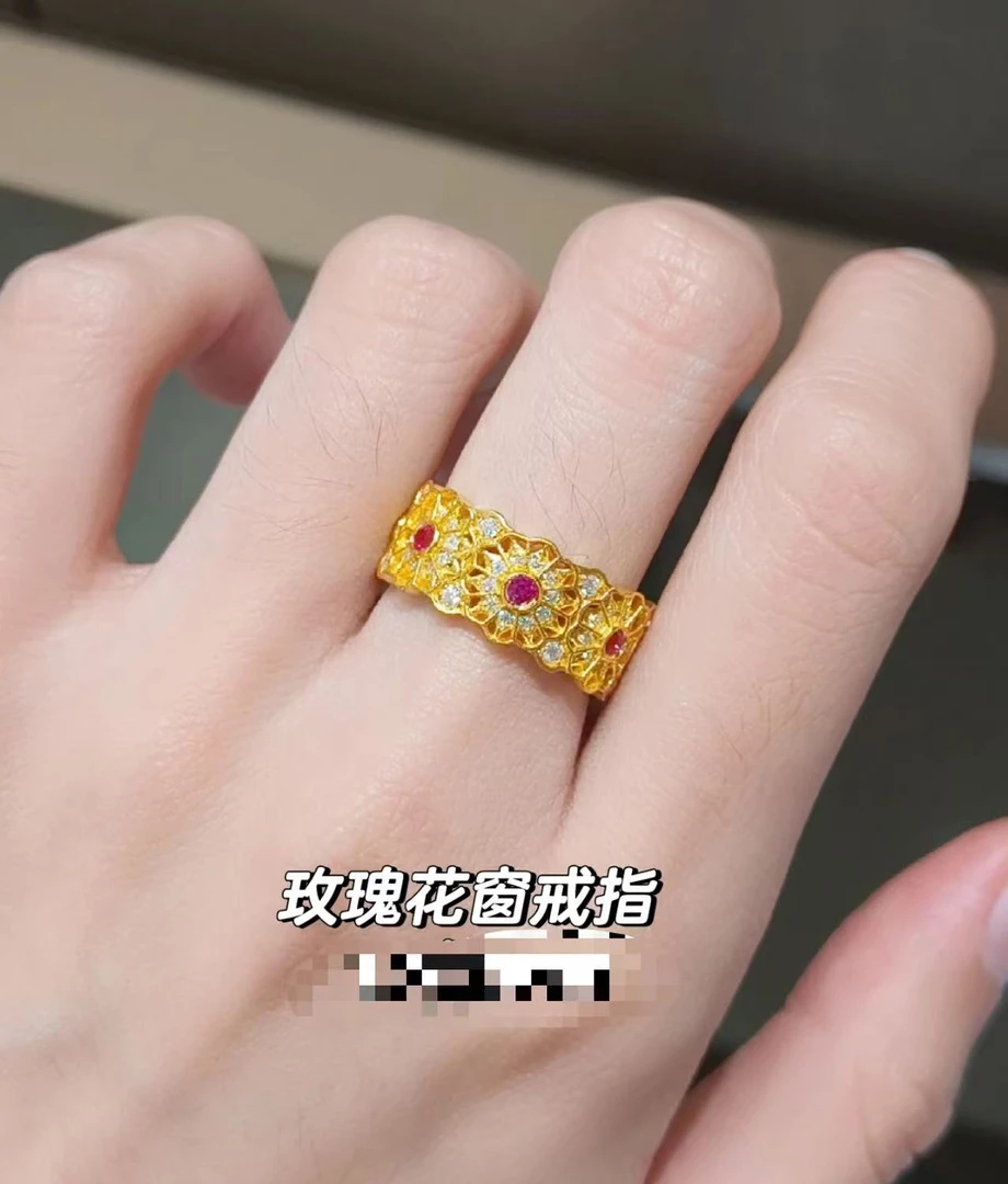 【钰辰珠宝】足金999 古法镶嵌红色玫瑰花窗戒指 建议拍大一码