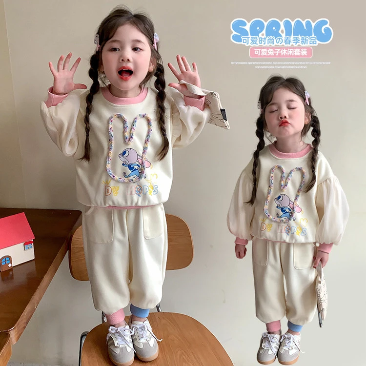 女童2025春秋新款套装时尚休闲彩条小兔子印花卫衣休闲裤两件套