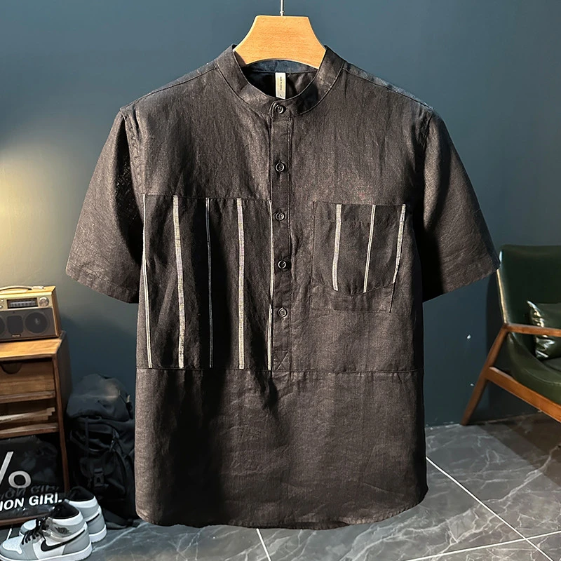 ICCLEK清新条纹立领亚麻短袖衬衫男时尚休闲简约宽松舒适透气衬衣