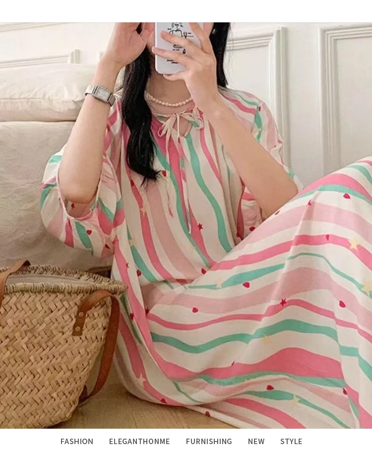 夏季带腰带款棉绸睡裙宽松人造棉居家外出连衣裙