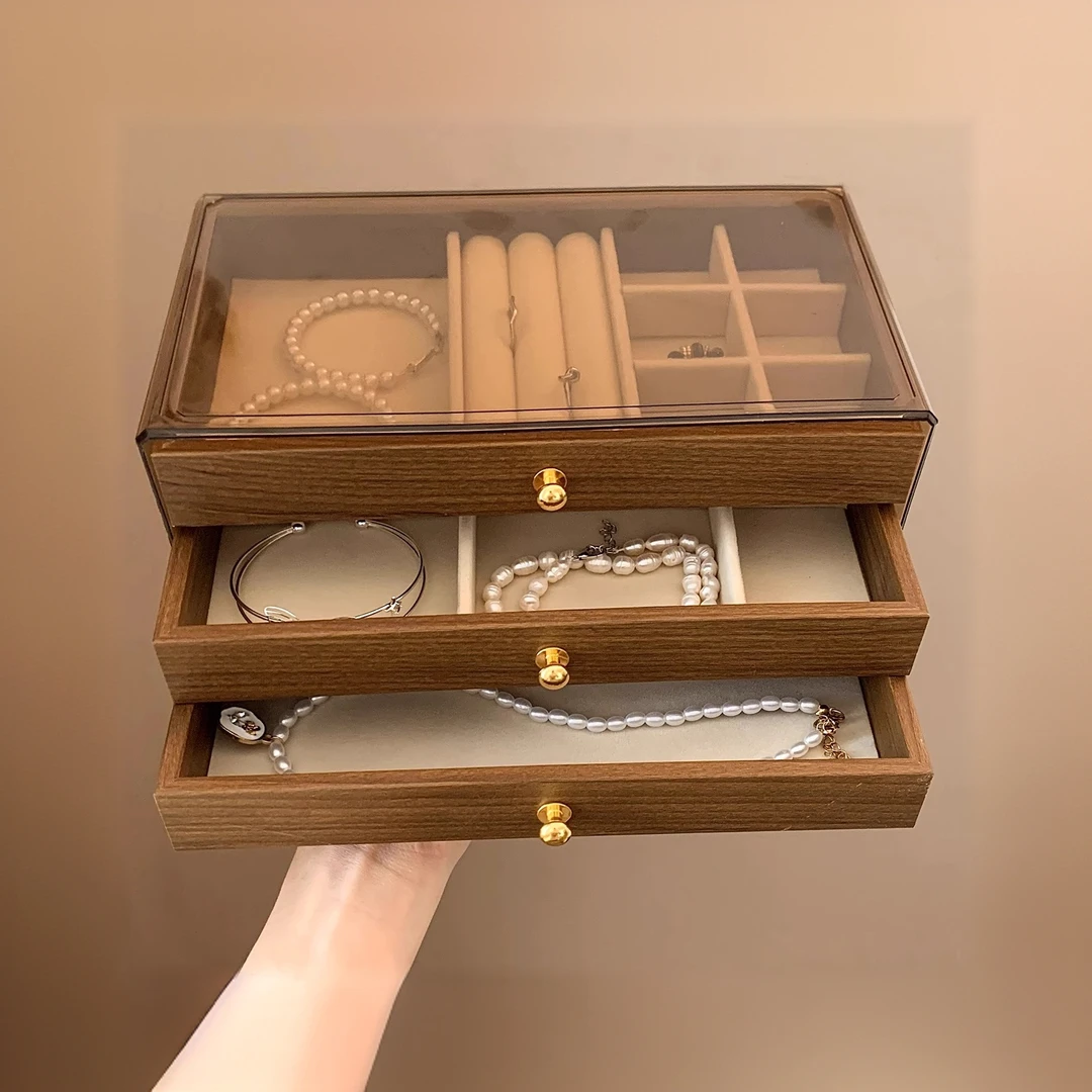 复古胡桃木三层首饰盒大容量耳环戒指项炼手饰收纳盒2025年新款